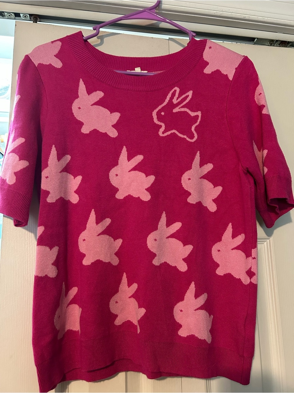 Woman’s Short-Sleeve Bunny Print Sweater - Pink size small